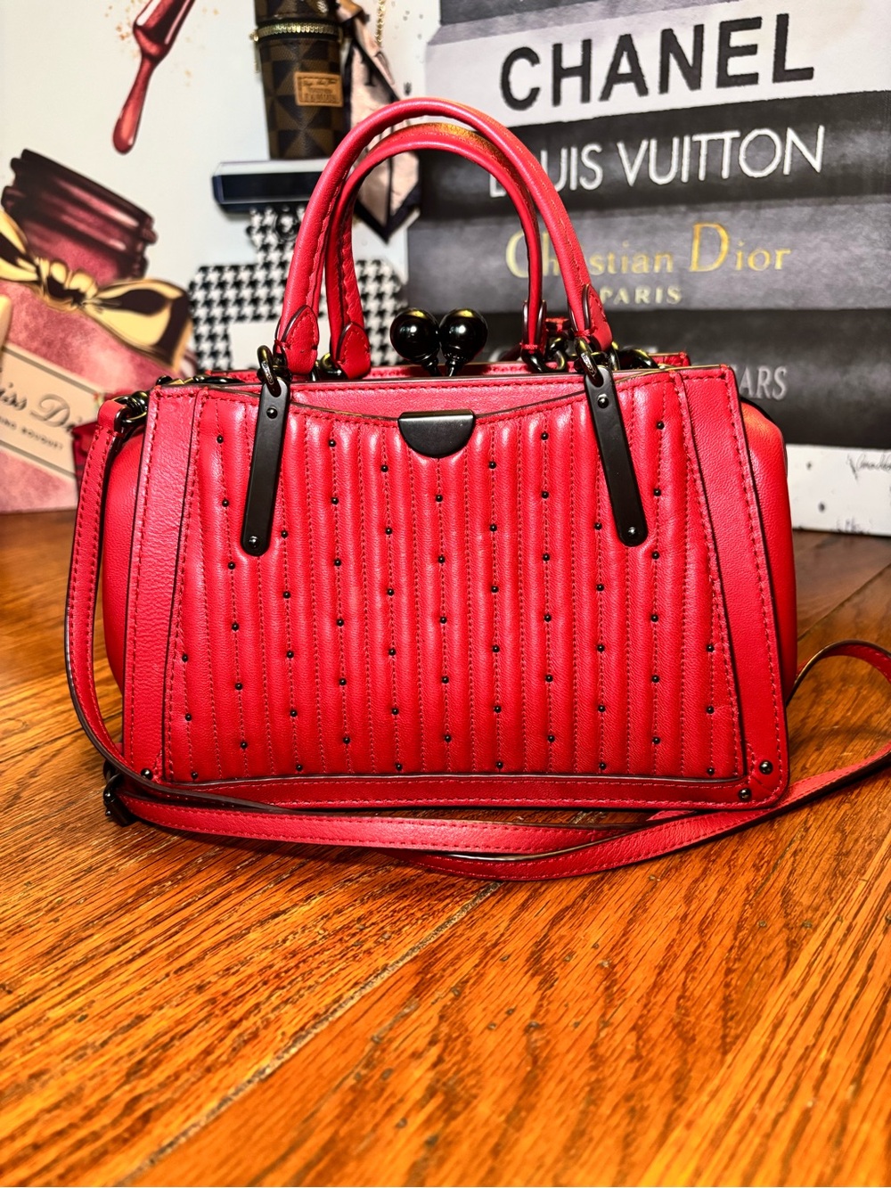 Coach Kisslock Dreamer 21 Red Quilted Leather Rivet Satchel Crossbody
